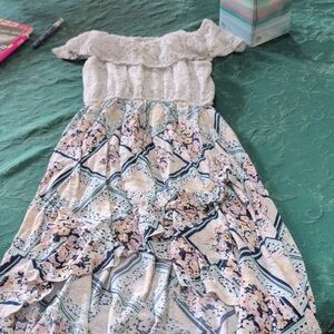 White Lace Top Floral Print Girls Dress